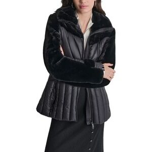 DKNY Womens Black Faux Fur Trimmed Puffer Jacket Coat Double Zipper Size XL
